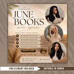 June Booking Flyer, June Books Open, Summer, Hair, Nails, Lash, Makeup, Appointment (Canva Template)