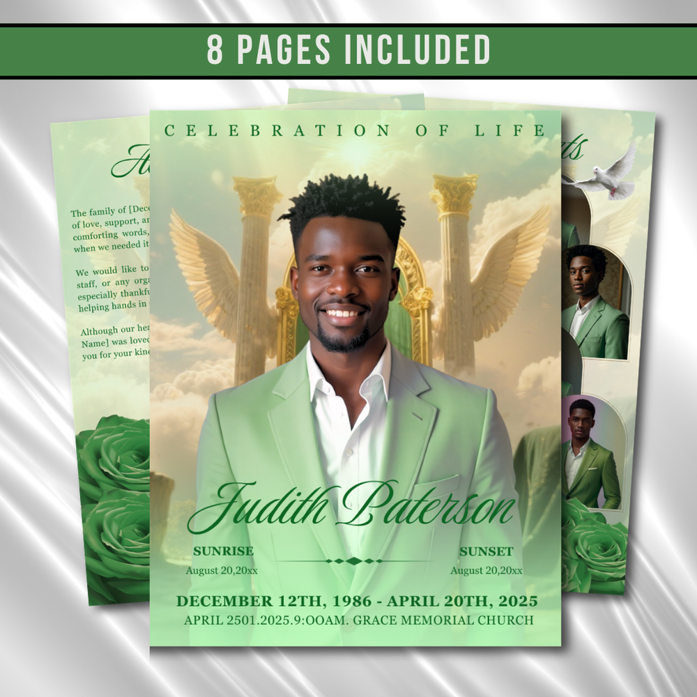 Light Green Clouds Funeral Program Template: 8-Page Memorial (Canva Editable, Digital Download 17x11