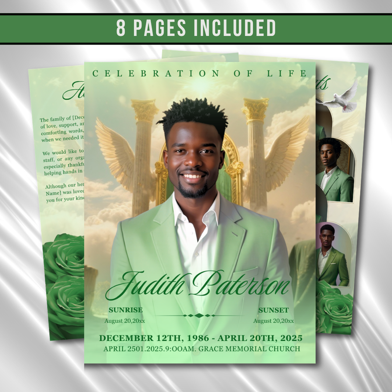 Light Green Clouds Funeral Program Template: 8-Page Memorial (Canva Editable, Digital Download 17x11