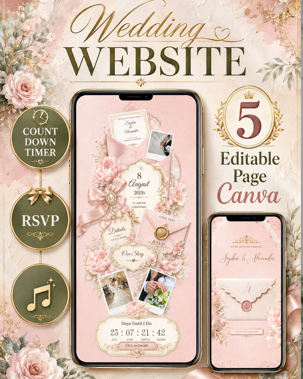 Pink Floral Wedding Website Template with RSVP: Editable Canva Design (Digital Download)