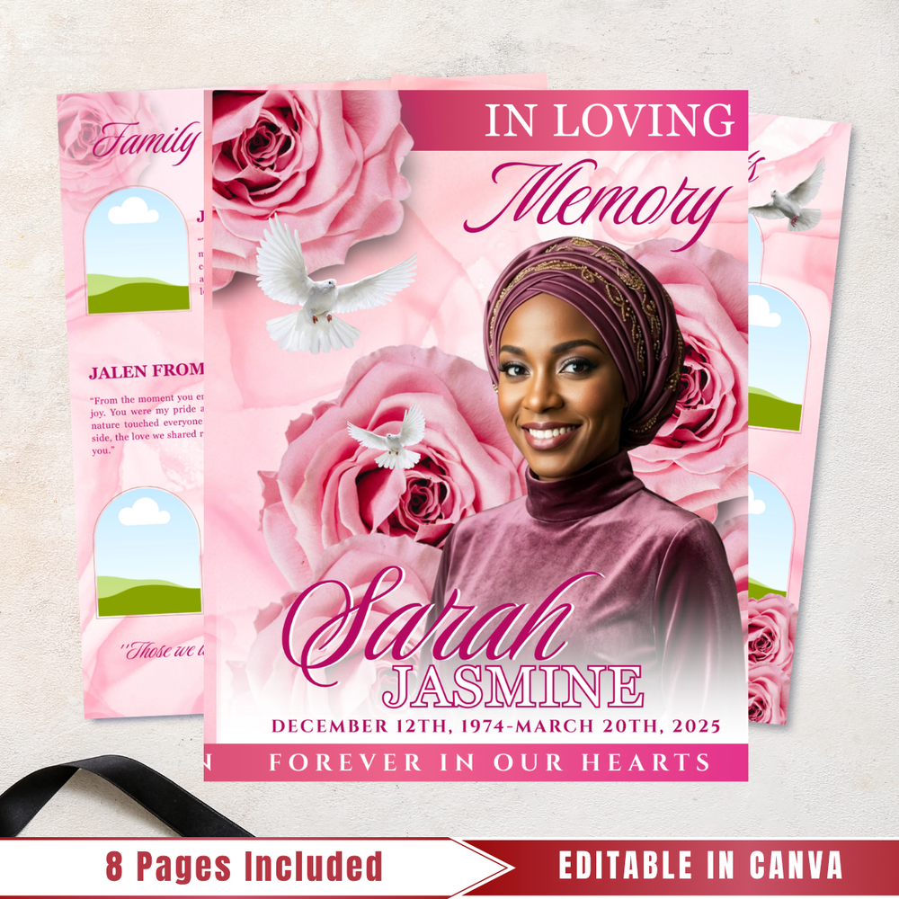 Pink Roses Funeral Program Template: 8-Page Memorial, Celebration of Life (Canva, PDF Download)