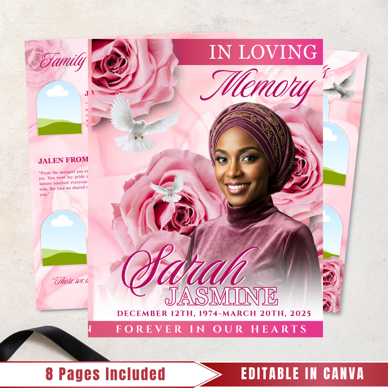 Pink Roses Funeral Program Template: 8-Page Memorial, Celebration of Life (Canva, PDF Download)