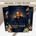 Blue & Gold Funeral Program Canva Template |8 Page Memorial Booklet