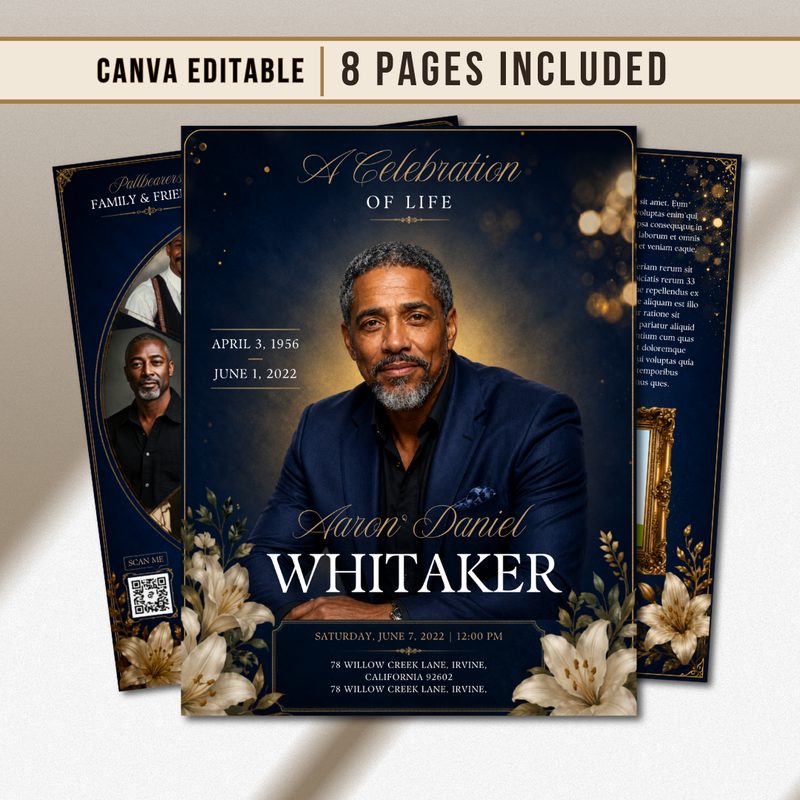 Blue & Gold Funeral Program Canva Template |8 Page Memorial Booklet