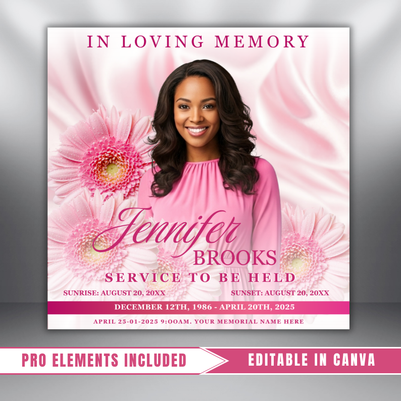Pink Roses Funeral Announcement Flyer: Obituary, Celebration of Life (Canva Template PDF)