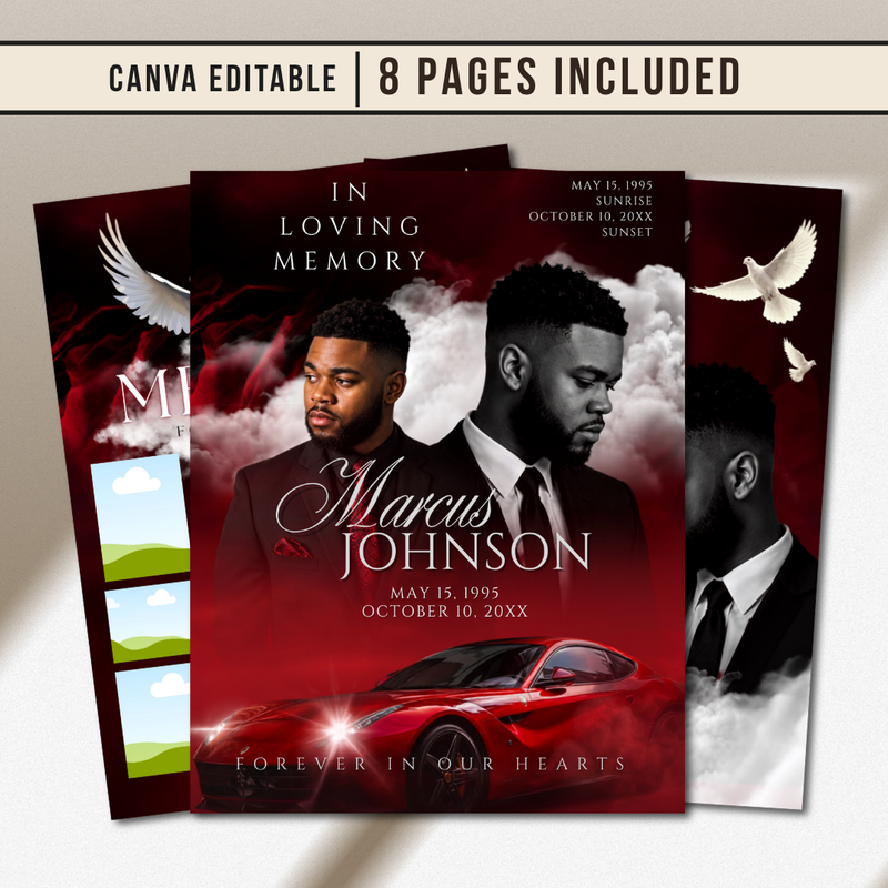 Red Sports Car & Heaven Clouds Funeral Program Template – 8-Page Canva Booklet