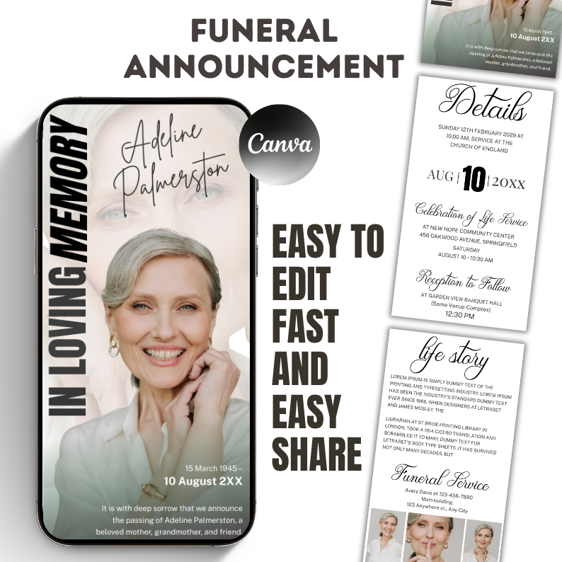 Memorial Announcement Canva Template | Editable Funeral Invitation | Celebration of Life with Photo