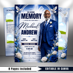 Blue Funeral Program Template, 8-Page Memorial (Canva, PDF)