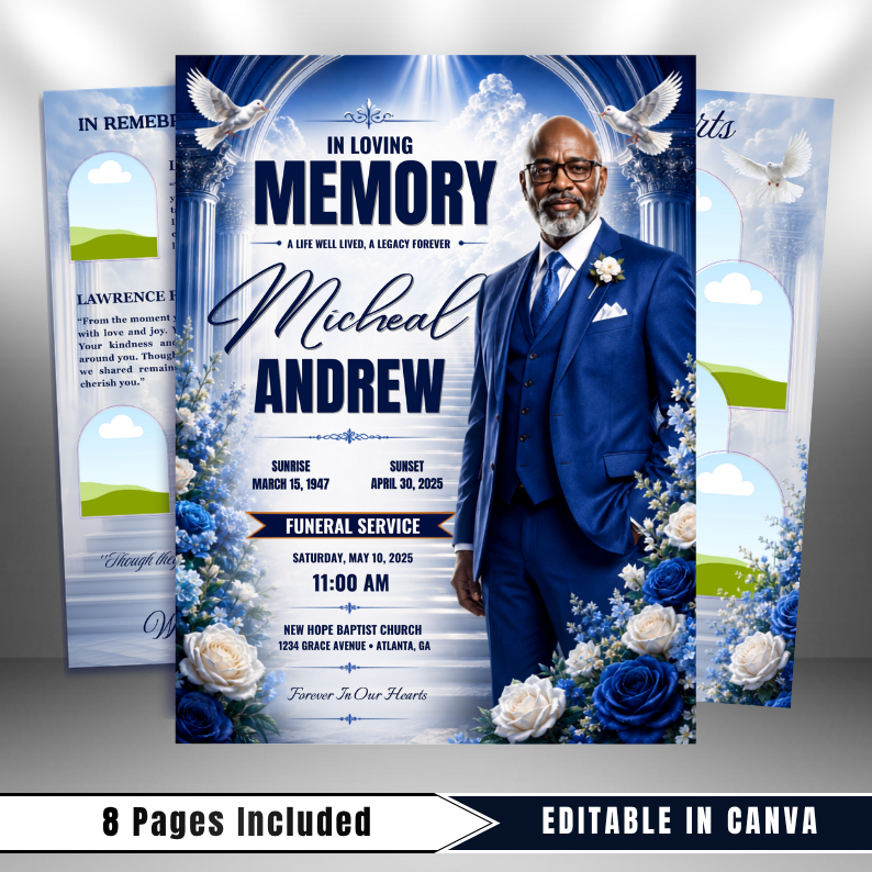 Blue Funeral Program Template, 8-Page Memorial (Canva, PDF)