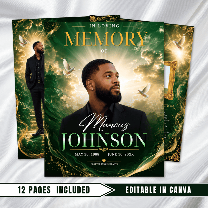 Green & Gold Funeral Program Template: 8-Page Memorial (Canva PDF)