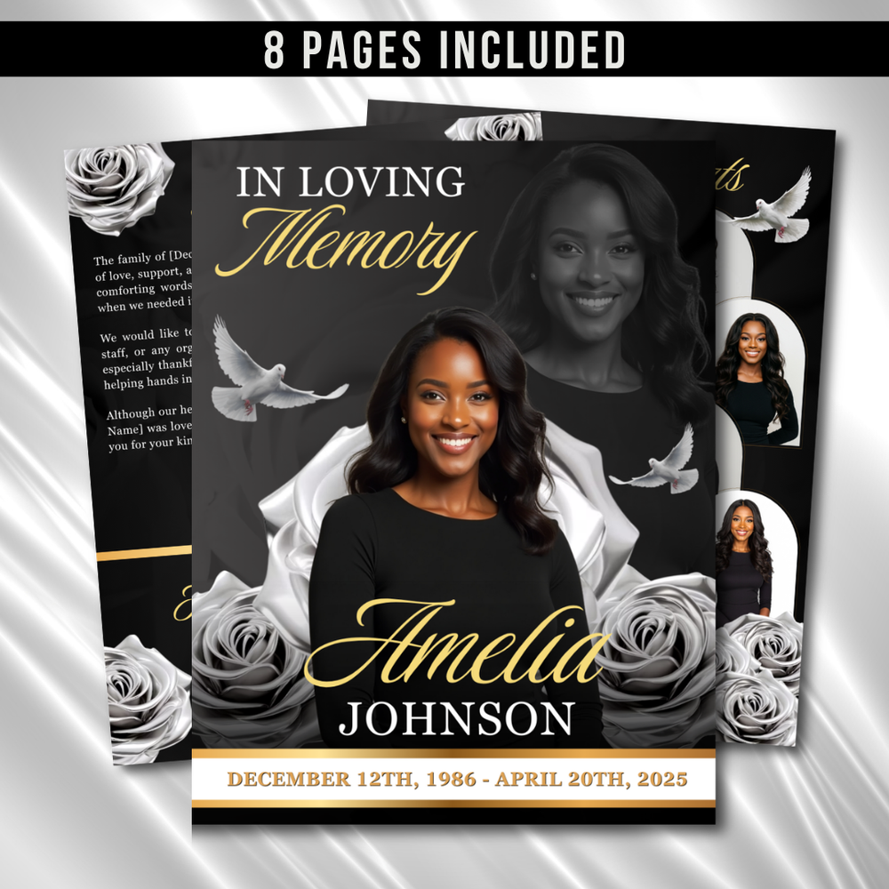 Black & Gold Funeral Program Template: 8-Page Memorial (Canva Editable Digital Download)