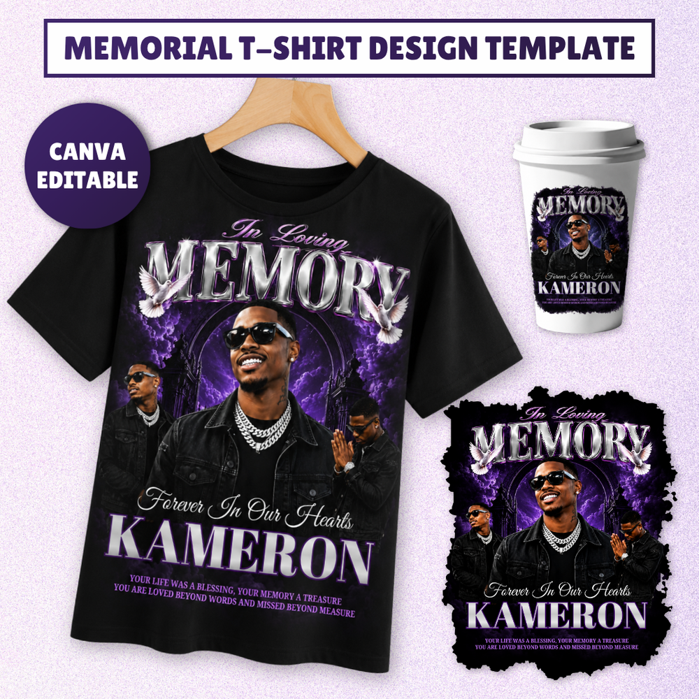 Memorial T-Shirt Canva Template, Purple Heavenly In Loving Memory, Celebration of Life Design