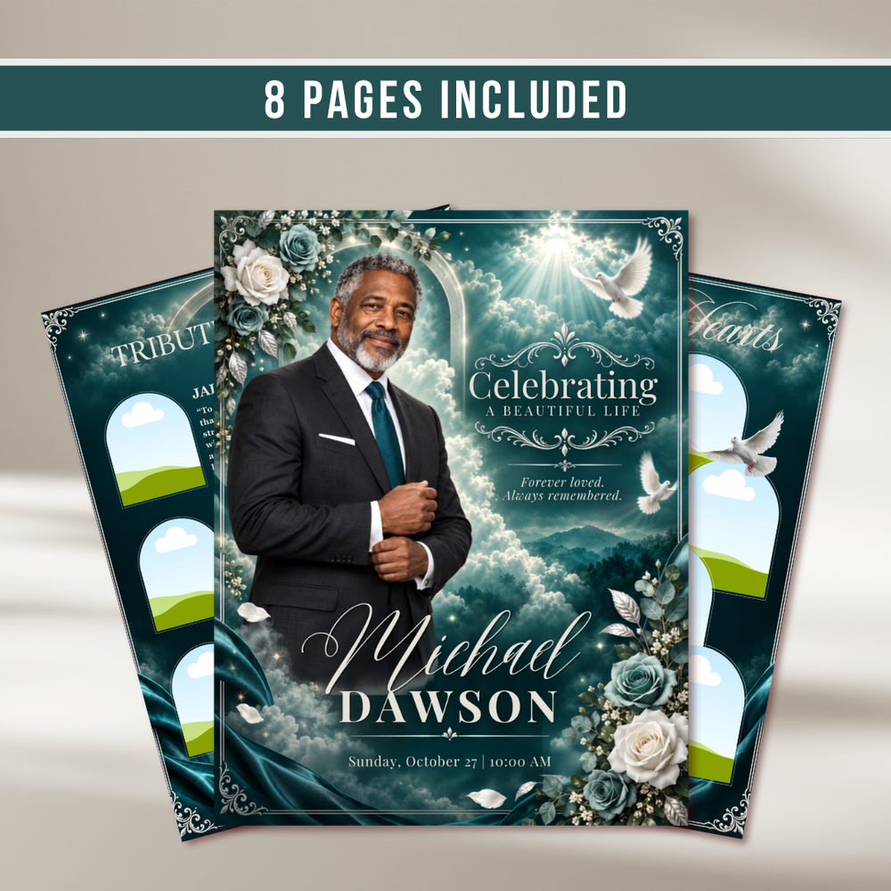 Deep Teal Green Roses Funeral Program Template: 8-Page Memorial (Canva PDF)