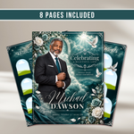 Deep Teal Green Roses Funeral Program Template: 8-Page Memorial (Canva PDF)
