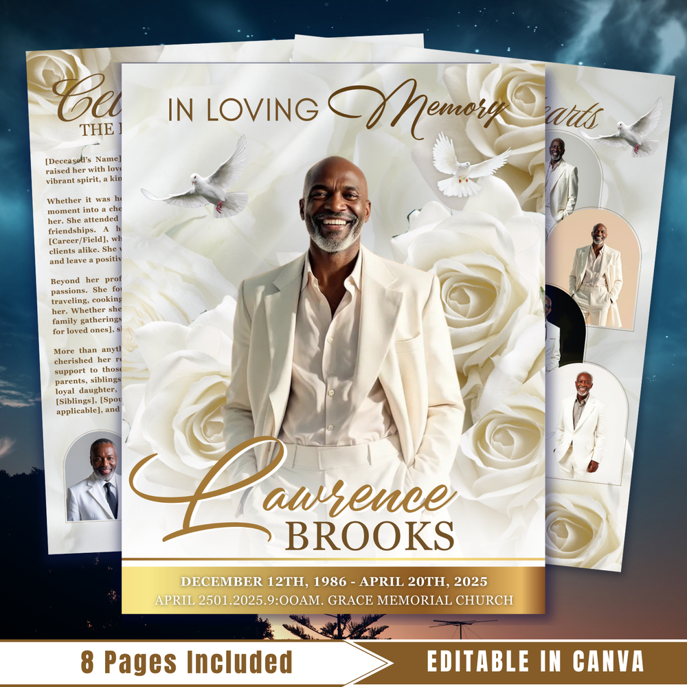 White Roses Funeral Program Template: 8-Page Memorial, Celebration of Life (Canva, PDF Download)