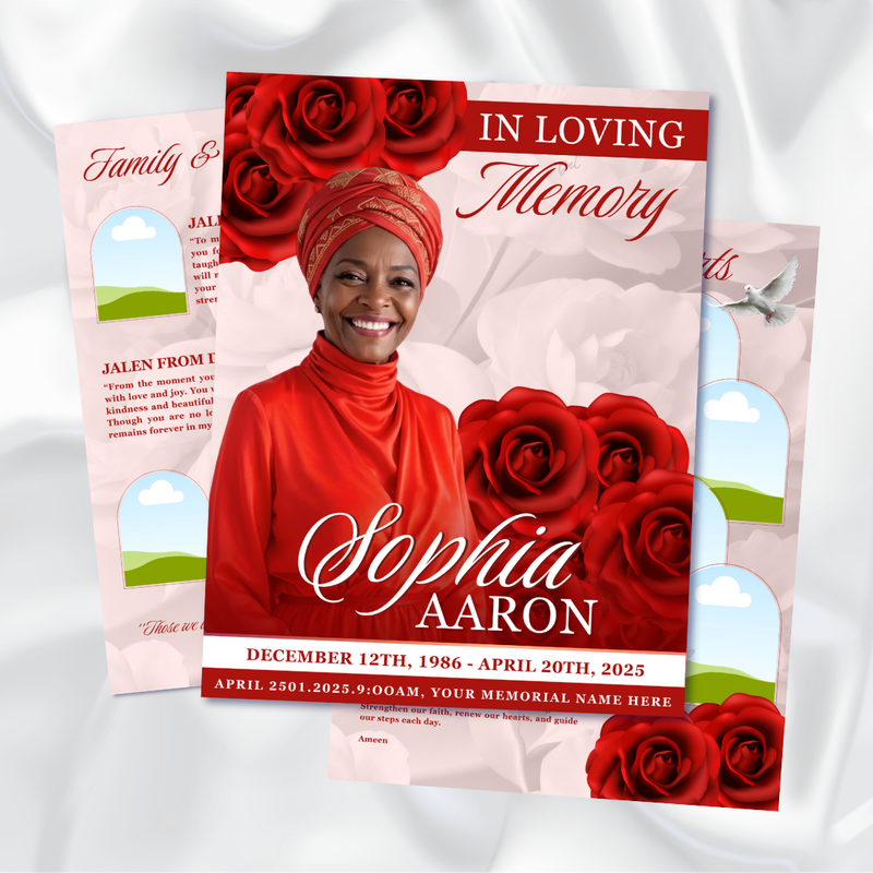 Red Roses Funeral Program Template, Memorial Obituary (Canva Template)