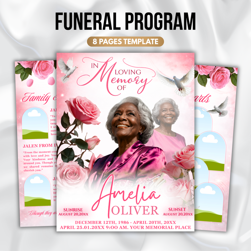 Pink Rose Floral Funeral Program Template, 8-Page Memorial (Canva, PDF)