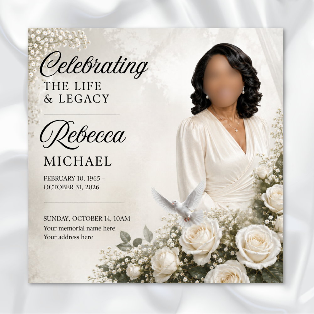 White & Black Funeral Announcement Flyer: Editable Canva Template (Digital Download)