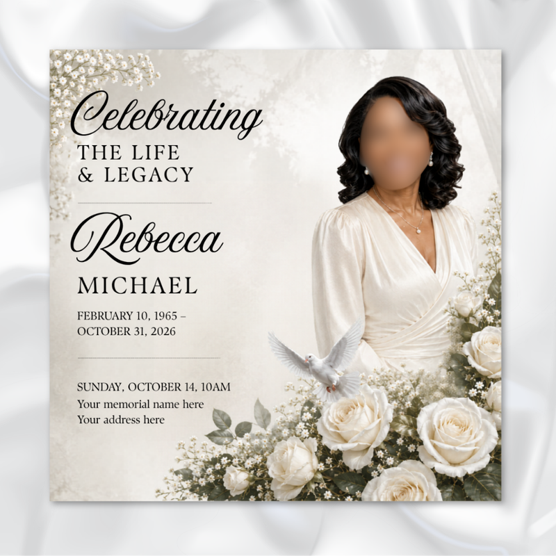 White & Black Funeral Announcement Flyer: Editable Canva Template (Digital Download)