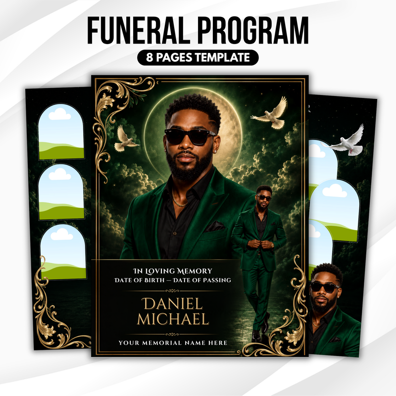 Green & Gold Floral Funeral Program Template, 8-Page Memorial (Canva, PDF)