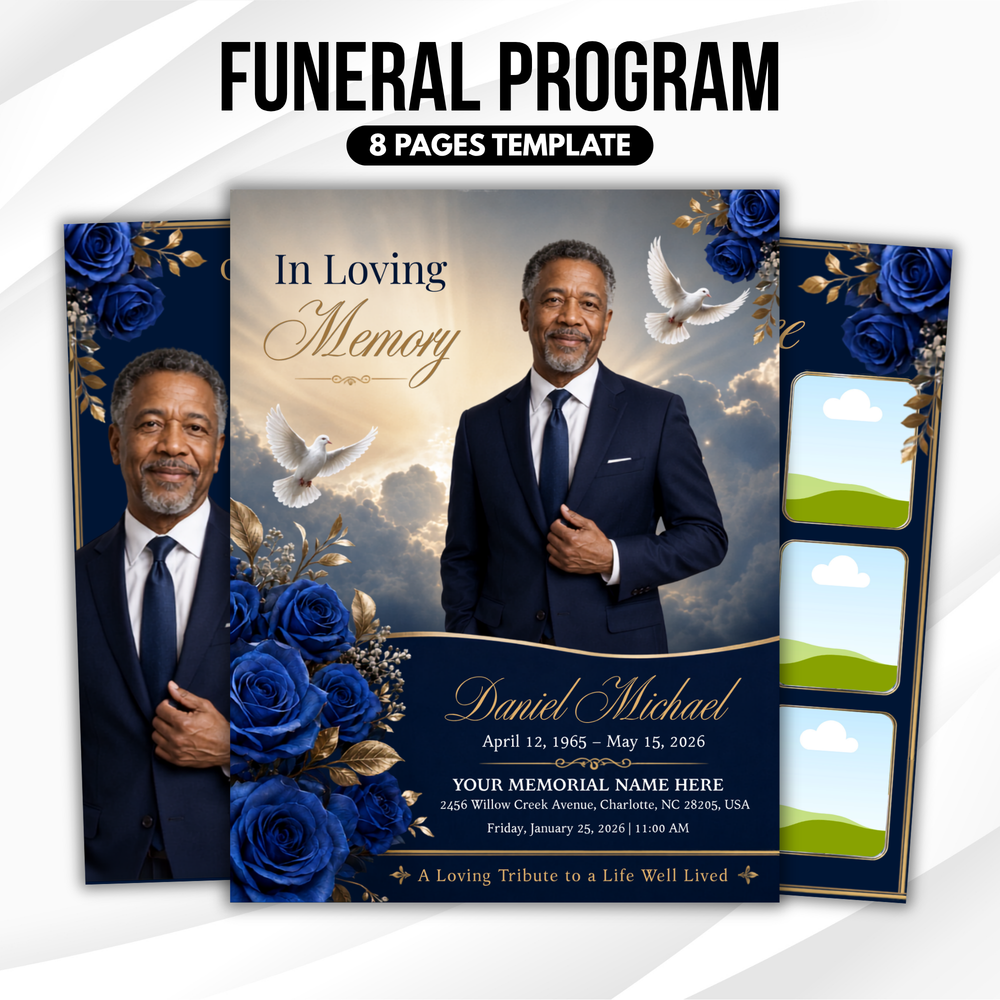 Blue & Gold Funeral Program Template, 8-Page Memorial (Canva, PDF)