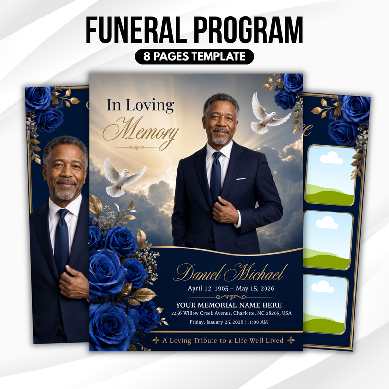 Blue & Gold Funeral Program Template, 8-Page Memorial (Canva, PDF)