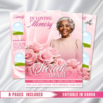 Pink Roses Funeral Program Template: 8-Page Memorial, Celebration of Life (Canva Template, PDF Download)