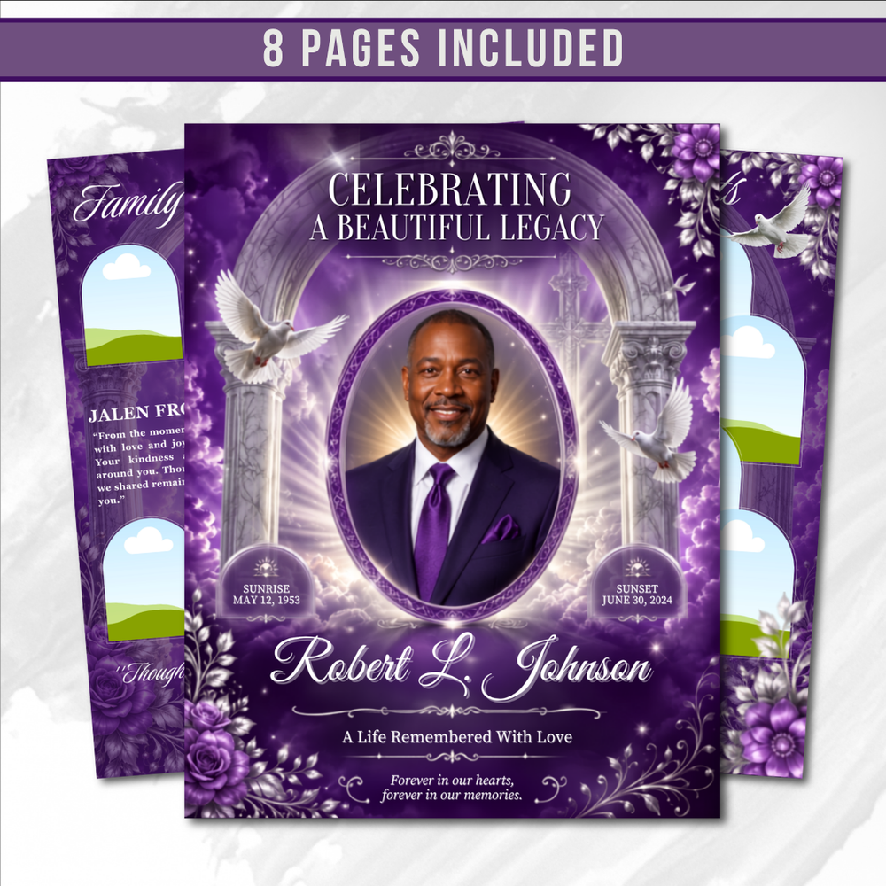Purple & White Roses Funeral Program Template: 8-Page Memorial (Canva PDF)