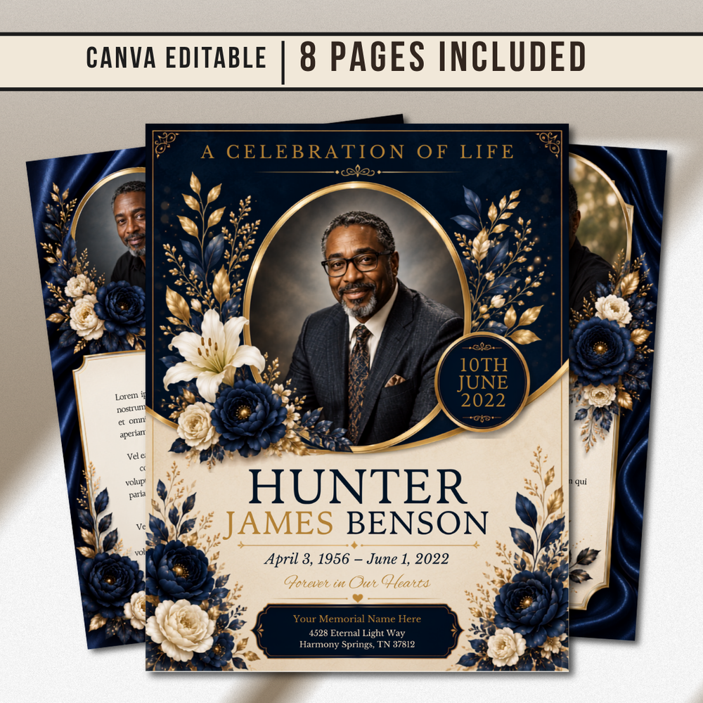 Blue & Gold Funeral Program Canva Template |8 Page Memorial Booklet
