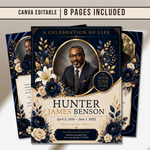 Blue & Gold Funeral Program Canva Template |8 Page Memorial Booklet
