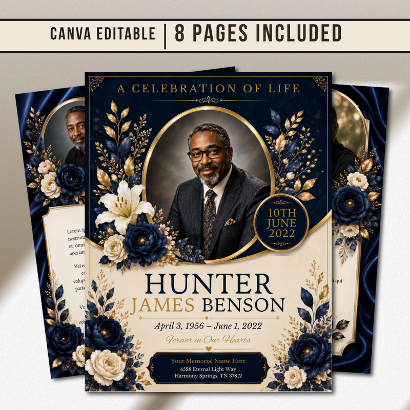 Blue & Gold Funeral Program Canva Template |8 Page Memorial Booklet