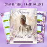 White & Purple Roses Funeral Program Template, Memorial Obituary (Canva Template)