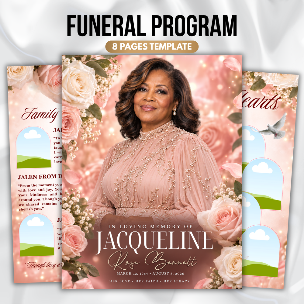 Soft Pink Rose Floral Funeral Program Template, 8-Page Memorial (Canva, PDF)