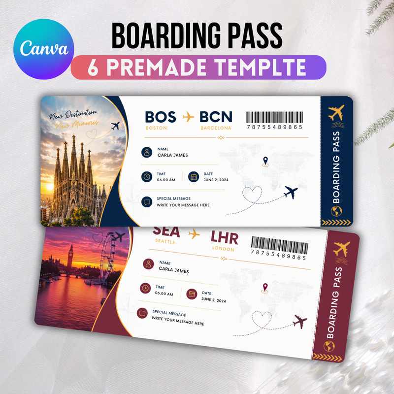 Editable Boarding Pass Canva Template, Printable Airline Ticket, Boarding Pass Surprise Trip, Digital Download DIY Boarding Ticket.
