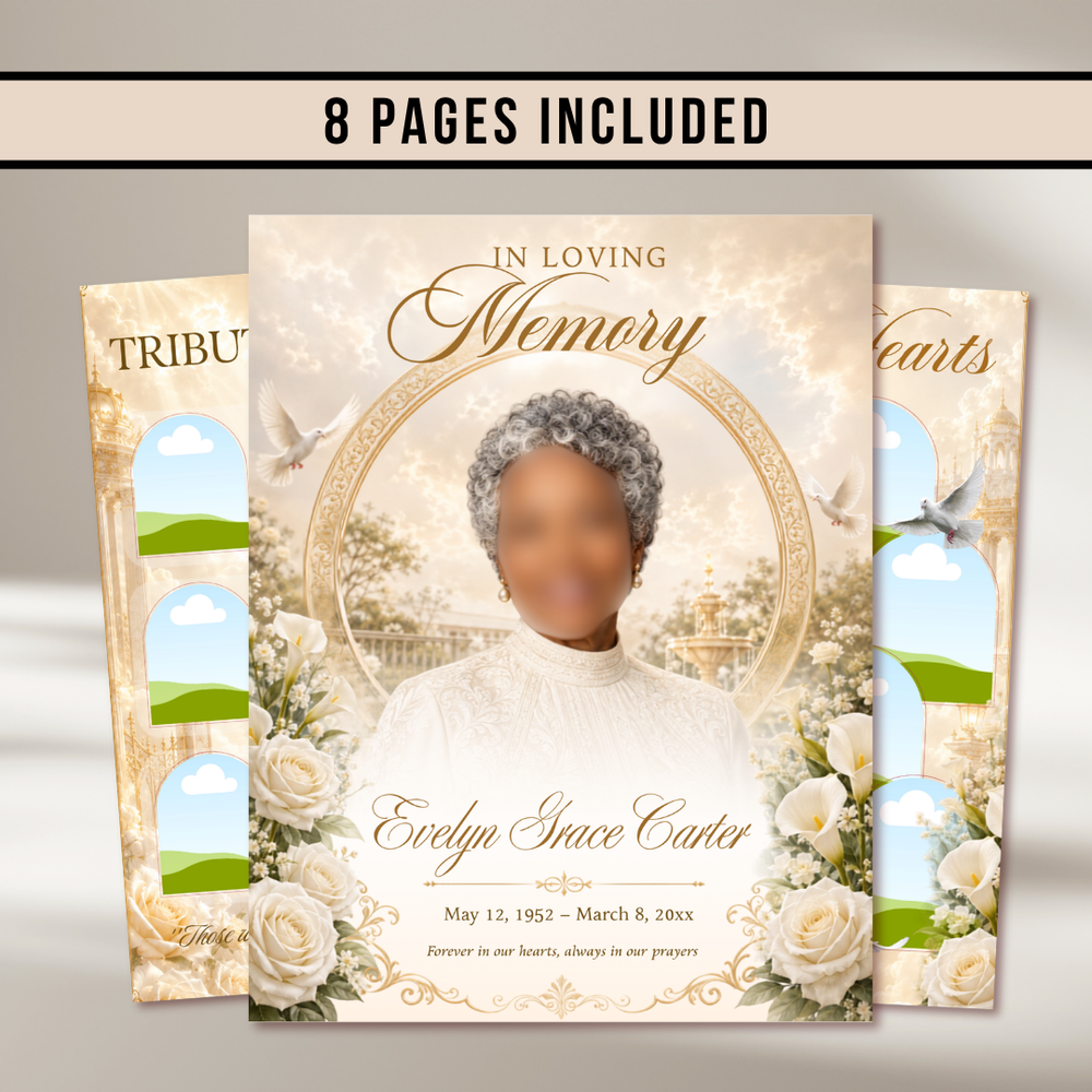 Cream & Beige Floral Funeral Program Template, 8-Page Memorial (Canva, PDF)