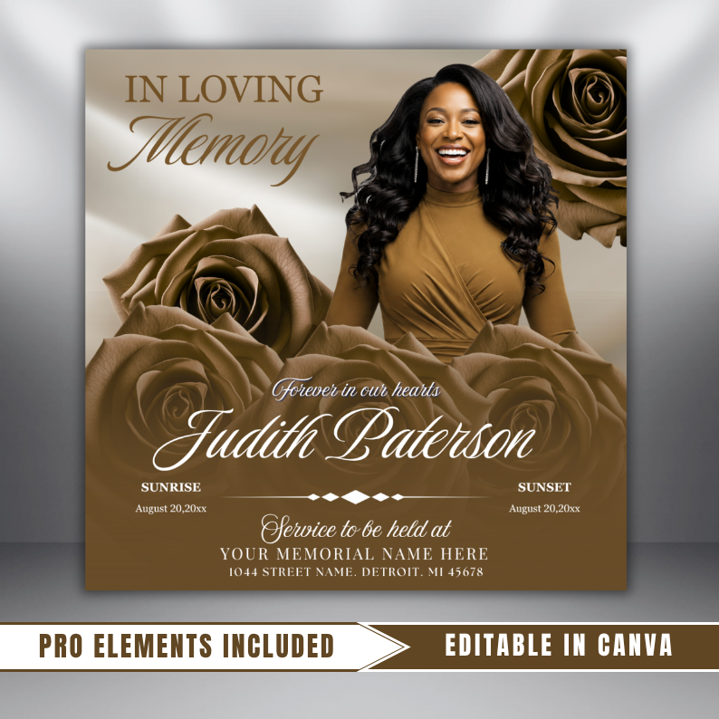 Brown Roses Funeral Announcement Flyer: Obituary, Celebration of Life (Canva Template PDF)