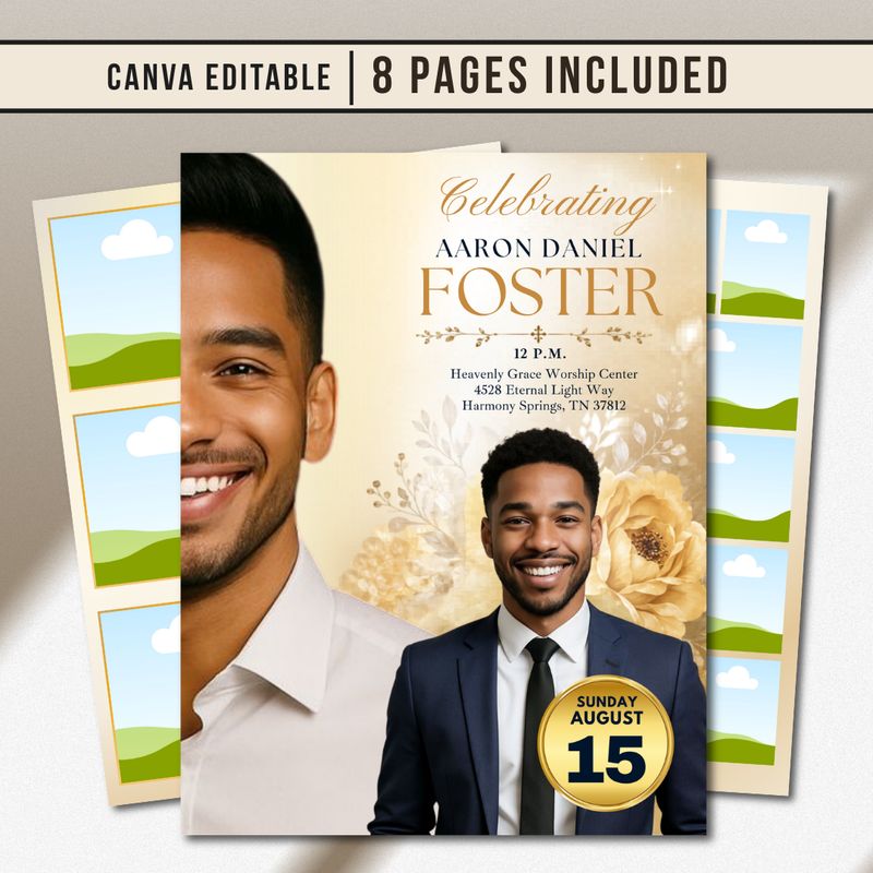 Elegant Funeral Program Canva Template | Yellow Gold Theme | 8 Page Memorial Booklet