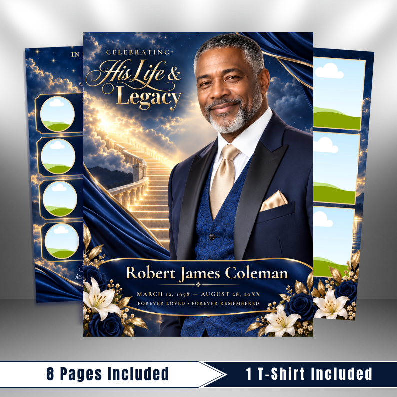 Blue and Gold Funeral Program Template: 8-Page Memorial, 1 T-Shirt (Canva PDF)