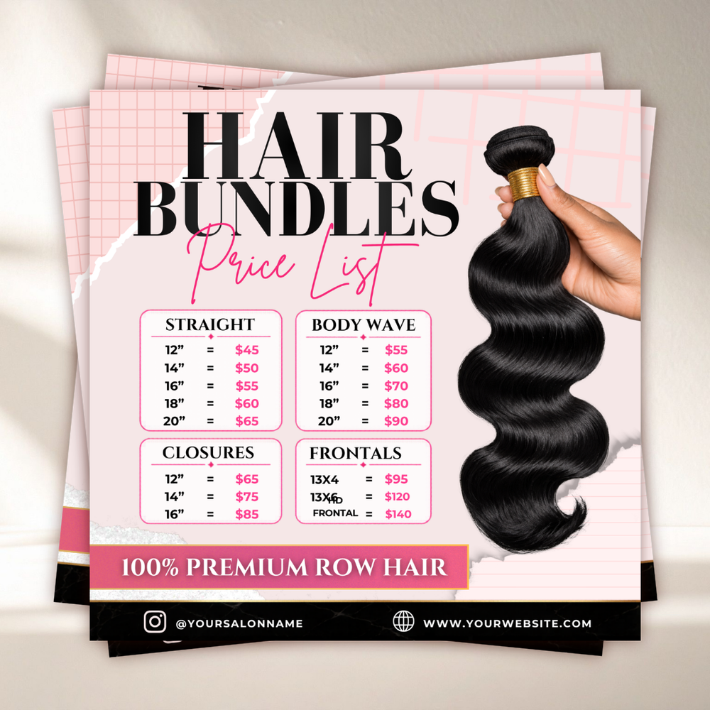 Hair Price List Flyer, Wig Install Flyer, Hair Bundles Social Media Canva Template, Hair Stylist Booking Flyer
