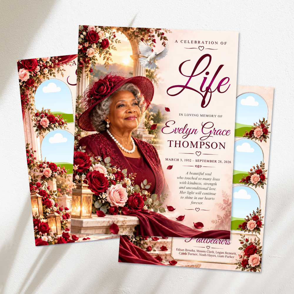 Red Roses Funeral Program Template, Memorial Obituary (Canva Template)