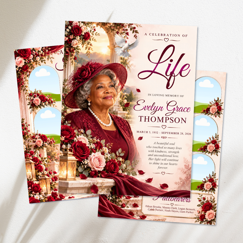 Red Roses Funeral Program Template, Memorial Obituary (Canva Template)