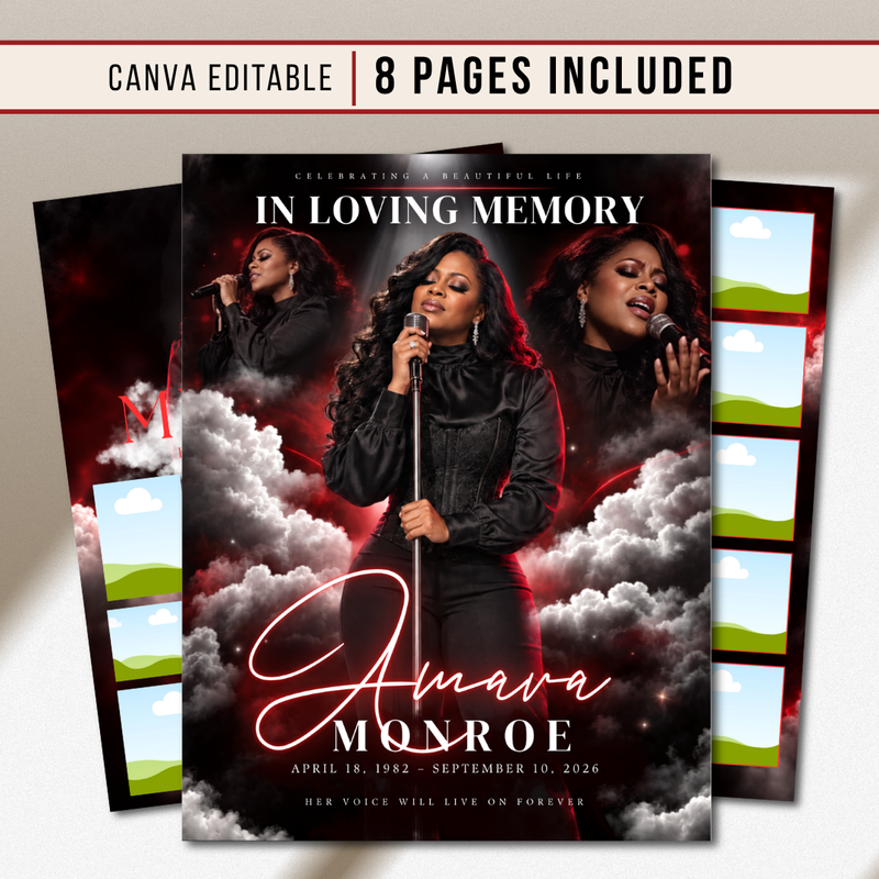 Red & Cloud Funeral Program Canva Template | Red Theme | 8 Page Memorial Booklet