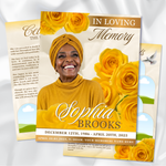 Yellow & Gold Roses Funeral Program Template, Memorial Obituary (Canva Template)