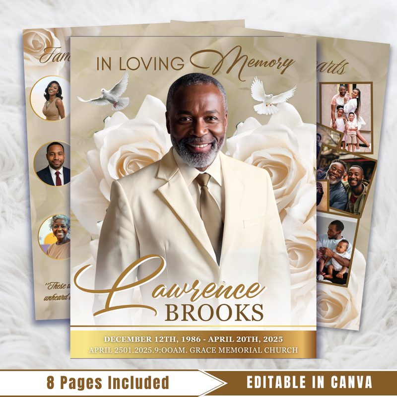 Roses Funeral Program Template: Brown & White Obituary, Celebration of Life (Canva Template, PDF Download)