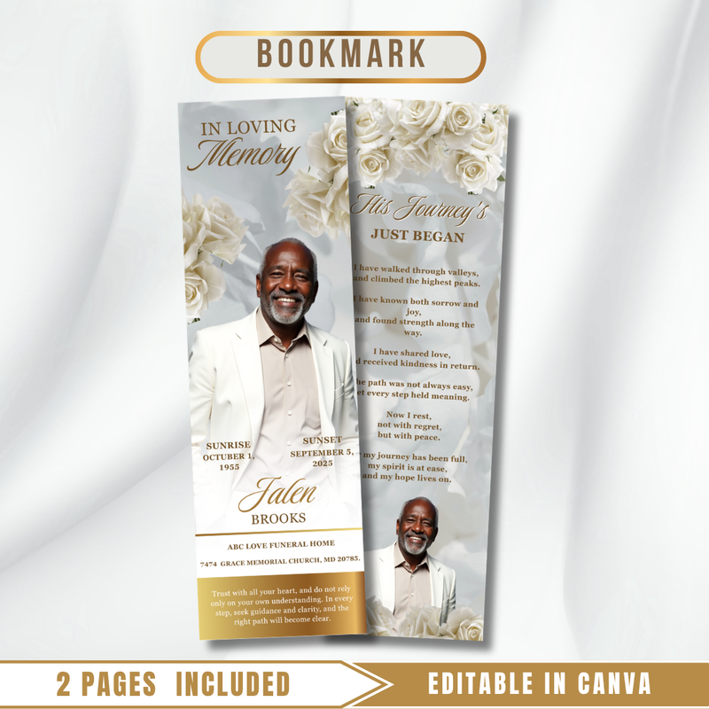 White Gold Roses Memorial Bookmark Template: Funeral Keepsake (Canva PDF)