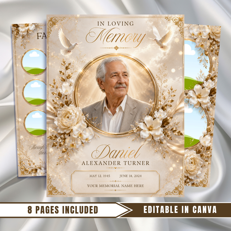 White & Gold Roses Funeral Program Template: 8-Page Memorial, Celebration of Life (Canva, PDF Download)