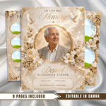 White & Gold Roses Funeral Program Template: 8-Page Memorial, Celebration of Life (Canva, PDF Download)