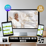 White & Gold Funeral Slideshow Template, Celebration of Life (Canva, 21 Slides, MP4)