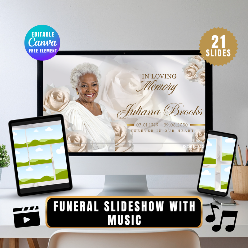 White & Gold Funeral Slideshow Template, Celebration of Life (Canva, 21 Slides, MP4)