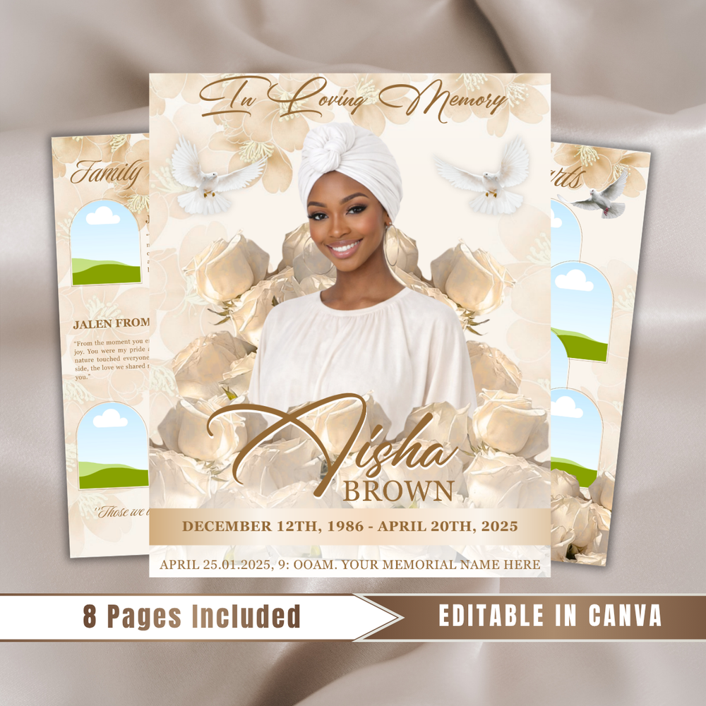White Roses Funeral Program Template: 8-Page Memorial, Celebration of Life (Canva, PDF Download)